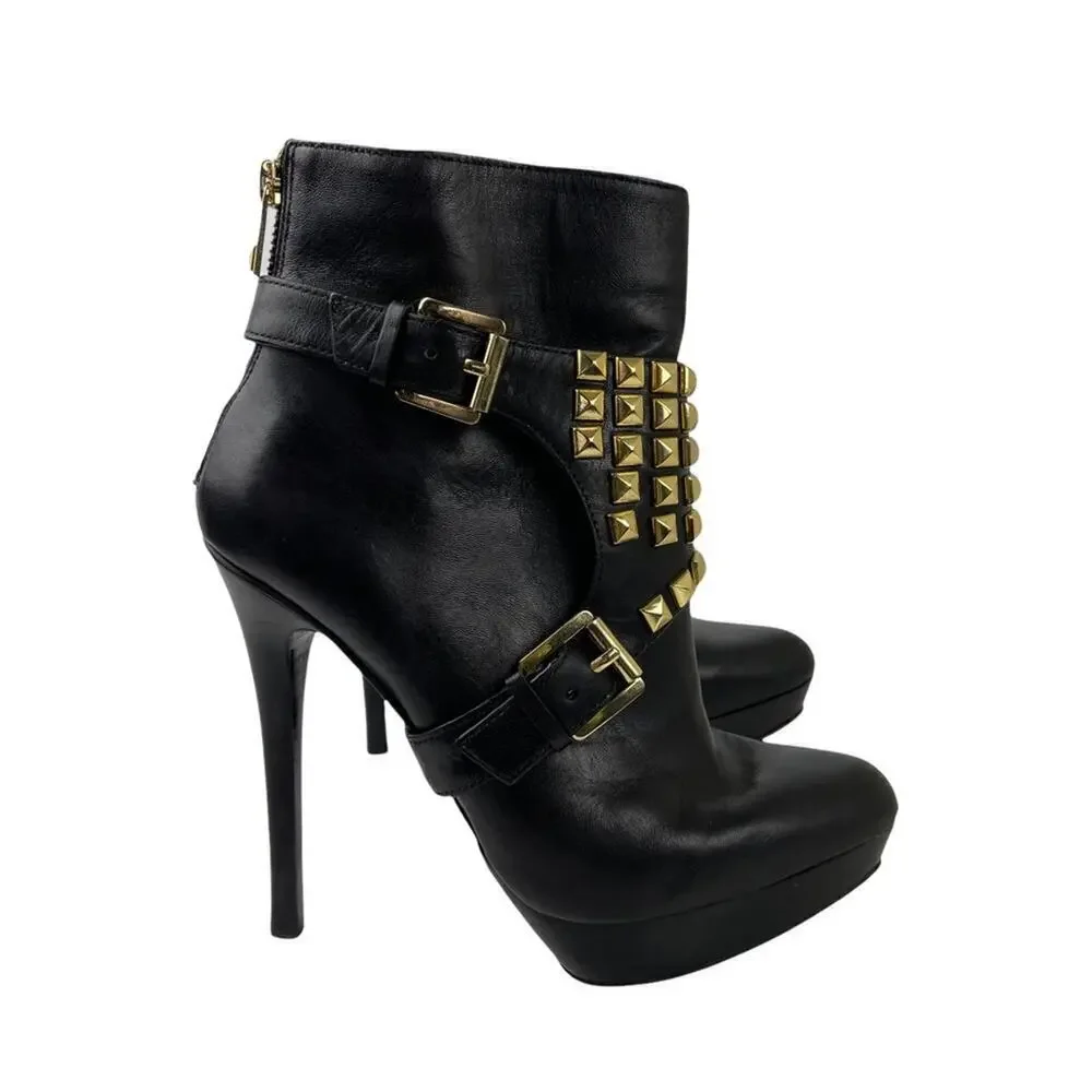 Michael Kors Rock and Roll Black Leather Gold Studs Harness Booties Boots 7M